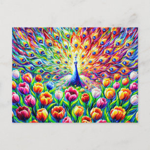 Abstract Peacock with Colorful Tulips in Paint Postcard