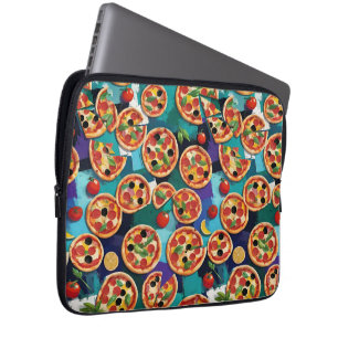 Abstract Pepperoni Pizza On Blue Colour Background Laptop Sleeve