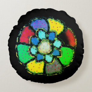 ABSTRACT PETAL FLOWER DESIGN BLACK BACKGROUND ROUND CUSHION