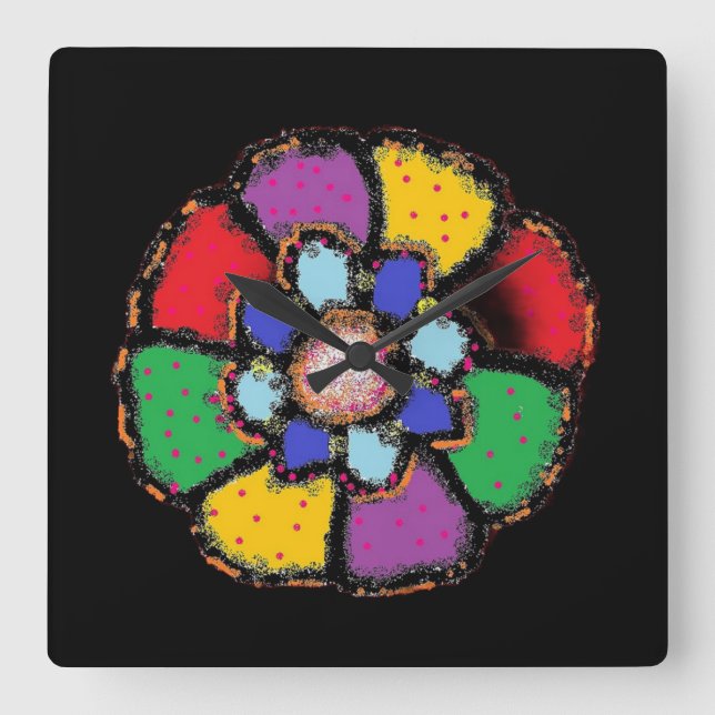 ABSTRACT PETAL FLOWER DESIGN BLCK BACKGROUND SQUARE WALL CLOCK (Front)