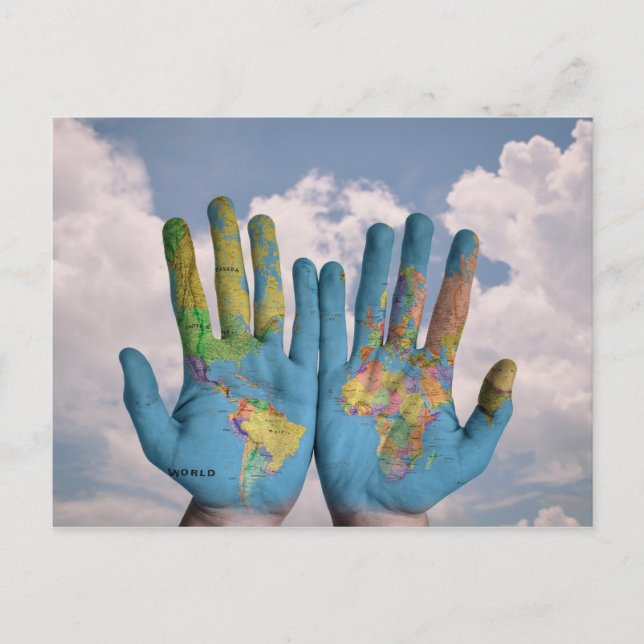 Abstract Photo Art World Map in Hands Postcard (Front)