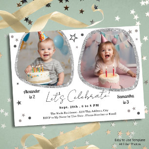 Abstract Photo Double Birthday Kids Party Silver Invitation