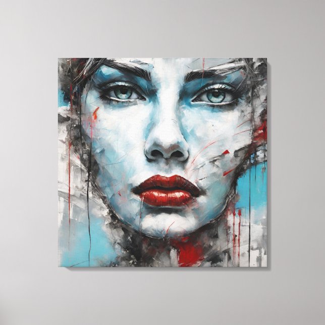 Abstract picture blue, gray, red woman face canvas print (Front)