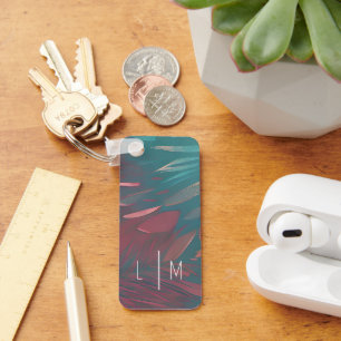 Abstract pink and teal feathers monogram key ring