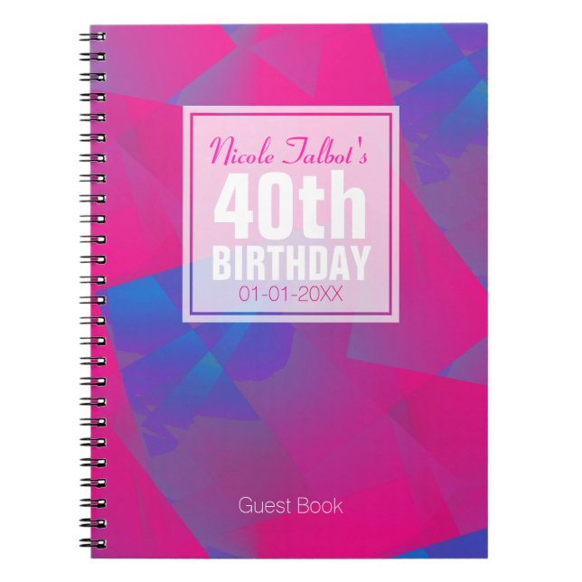 Abstract Pink Blue 40th Birthday Guest Book 10a (Front)
