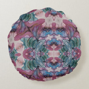 Abstract pink blue and green Floral Round Cushion