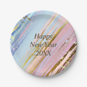 Abstract Pink Blue Gold Happy New Year 20xx 7" Paper Plate