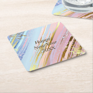 Abstract Pink Blue Gold Happy New Year 20xx Square Paper Coaster