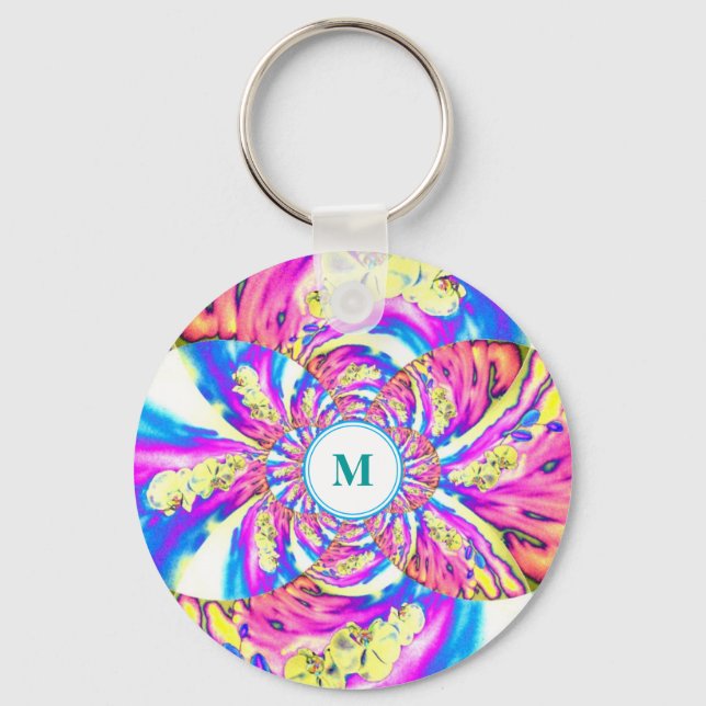 Abstract pink blue retro floral mandala monogram key ring (Front)