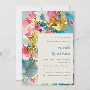 Abstract Pink Blue Watercolor Floral Engagement Invitation