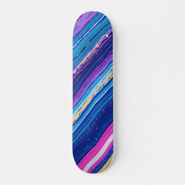 Abstract Pink, Blue, Yellow & White Stripes Skateboard (Front)