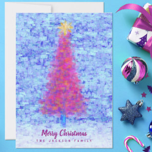 Abstract Pink Christmas Tree with Blue Brick Wall Card