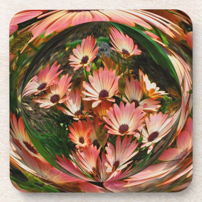 Abstract Pink Daisies Floral Cork Coaster Set (Front)