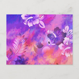 Abstract Pink Flowers and Bird Art Postcard