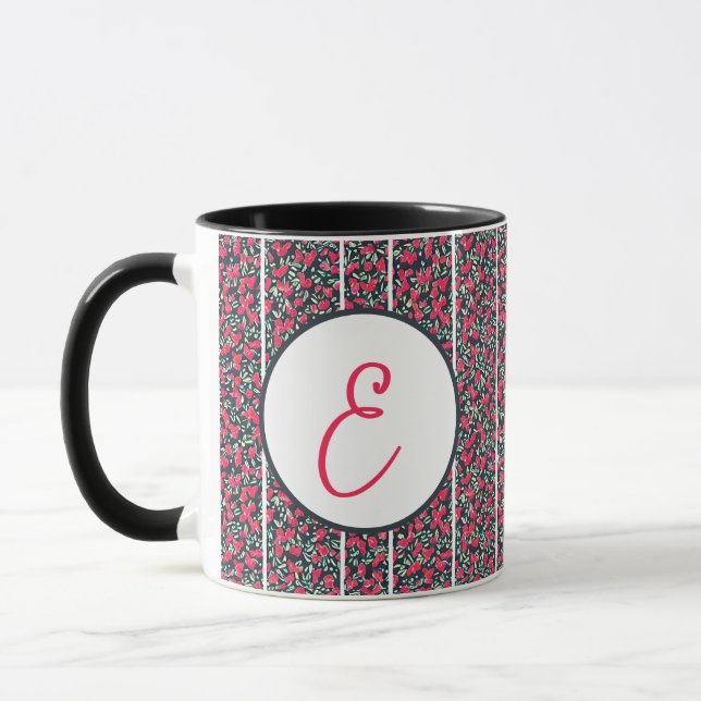 Abstract pink flowers and white stripes monogram mug (Left)