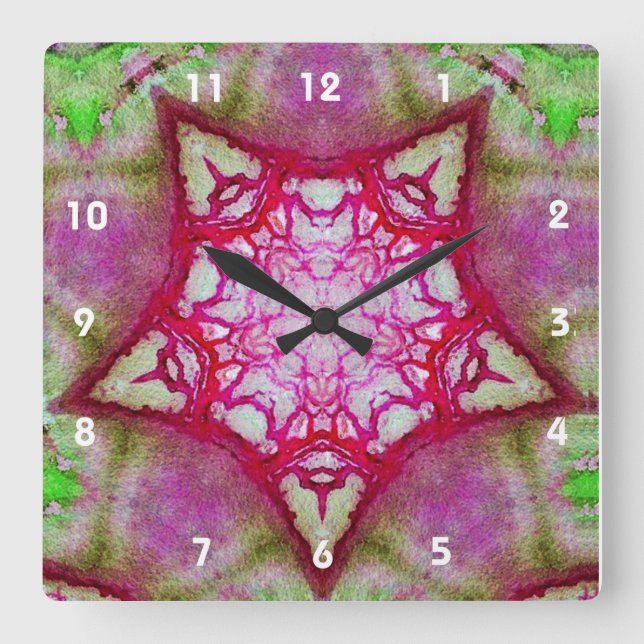 ABSTRACT PINK FUCHSIA STAR SQUARE WALL CLOCK (Front)