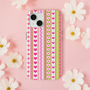 Abstract Pink green pattern + dots flowers hearts Case-Mate iPhone Case