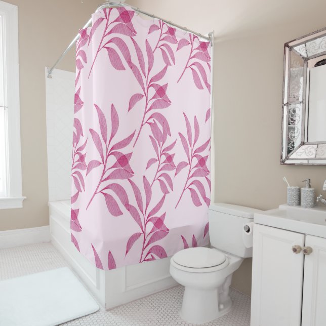 Abstract Pink Leaf Pattern Shower Curtain (In Situ)