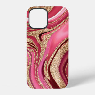 Abstract pink liquid marble with glitter gold iPhone 12 case