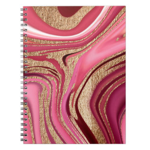 Abstract pink liquid marble with glitter gold notebook