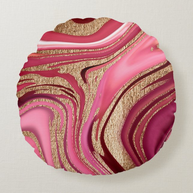 Abstract pink liquid marble with glitter gold round cushion (Front)