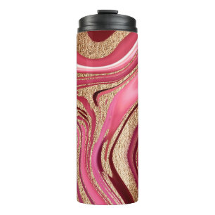 Abstract pink liquid marble with glitter gold thermal tumbler