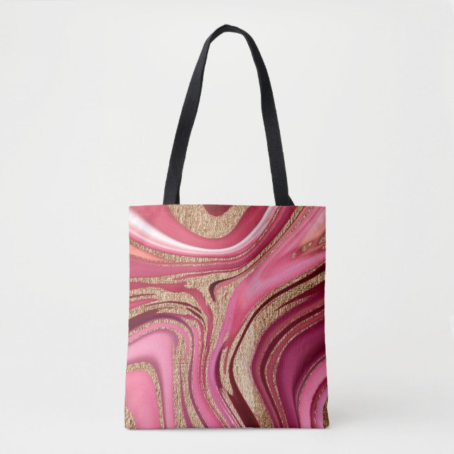 Abstract pink liquid marble with glitter gold tote bag (Front)