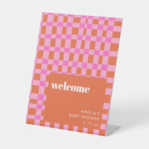 Abstract Pink Orange Custom Baby Shower Welcome Pedestal Sign