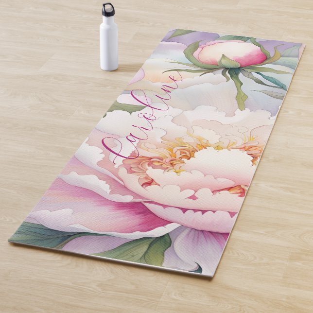 Abstract Pink Peony Floral Personalised Name Yoga Mat (In Situ)