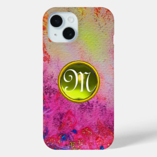 ABSTRACT PINK PURPLE FLORAL YELLOW GEM MONOGRAM C iPhone 15 CASE