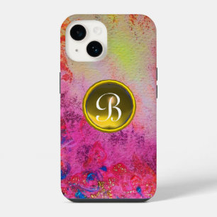 ABSTRACT PINK PURPLE FLORAL YELLOW GEM MONOGRAM  iPhone 14 CASE