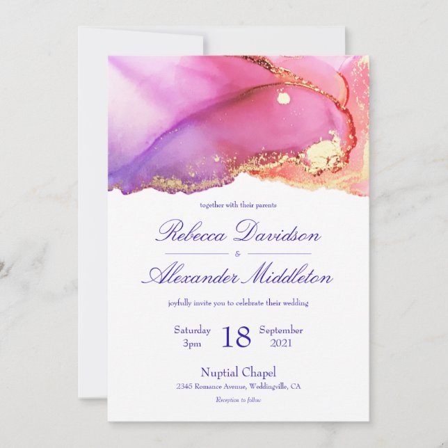 Abstract Pink Purple Gold Ink Wash Wedding Invitation (Front)