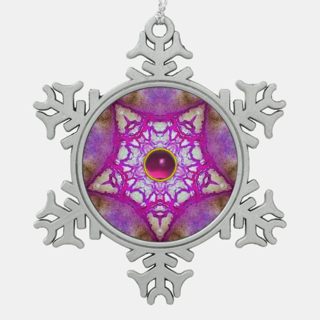 ABSTRACT PINK PURPLE STAR AND FUCHSIA AMETHYST GEM SNOWFLAKE PEWTER CHRISTMAS ORNAMENT (Front)