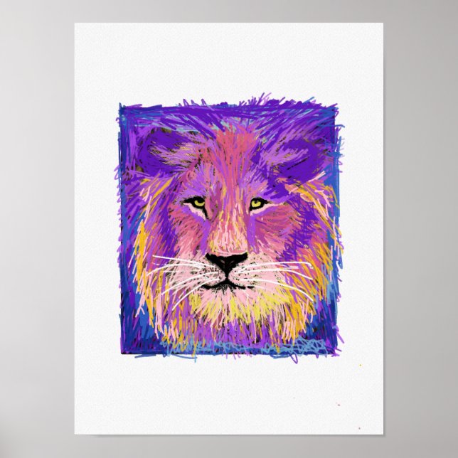 Abstract Pink Purple Yellow Blue Lion Portrat Poster (Front)
