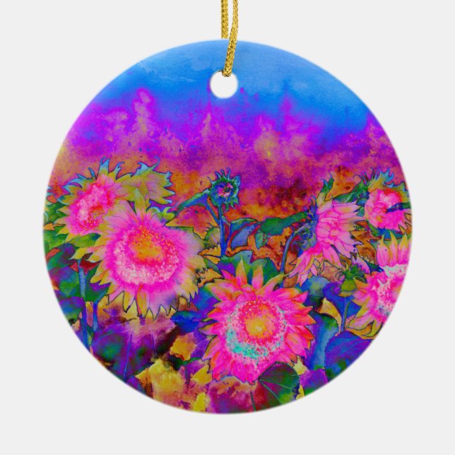 Abstract pink sunflower fields retro impressionist ceramic tree decoration (Front)