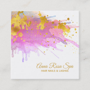 *~* Abstract Pink Watercolor Gold Luxe Glam Bold Square Business Card