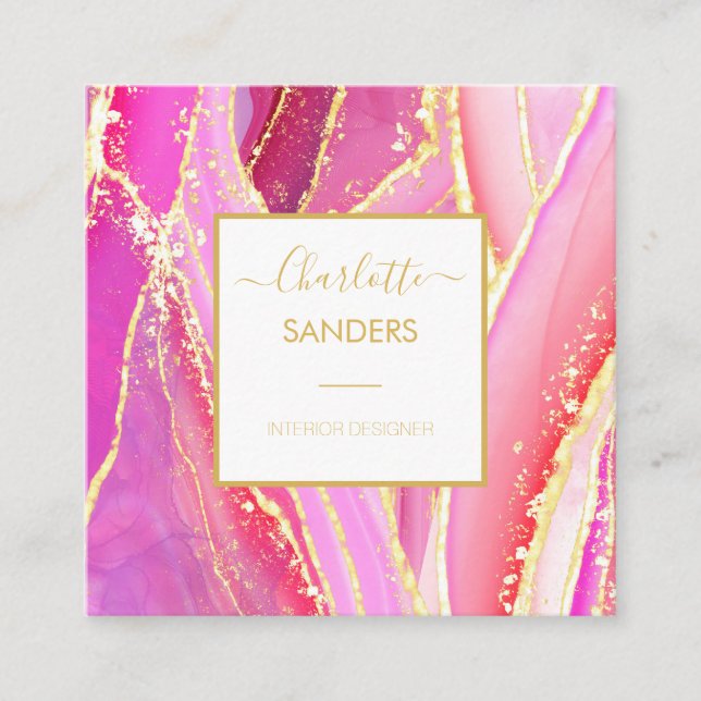Abstract Pink Watercolor Gold Splatter Square Business Card (Front)