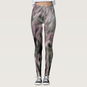 Abstract Pink Weeds and Green Grass on Grey Leggings