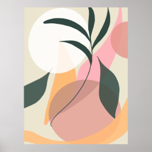 Abstract Plant Illustration Shapes Pink Greenery  Poster