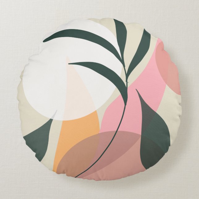 Abstract Plant Illustration Shapes Pink Greenery  Round Cushion (Front)