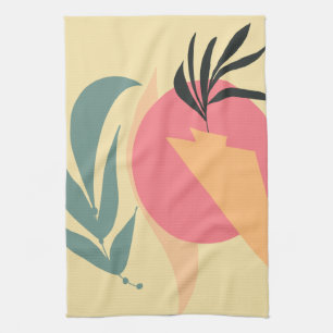Abstract Plant Illustration Shapes Pink Yellow Tea Towel