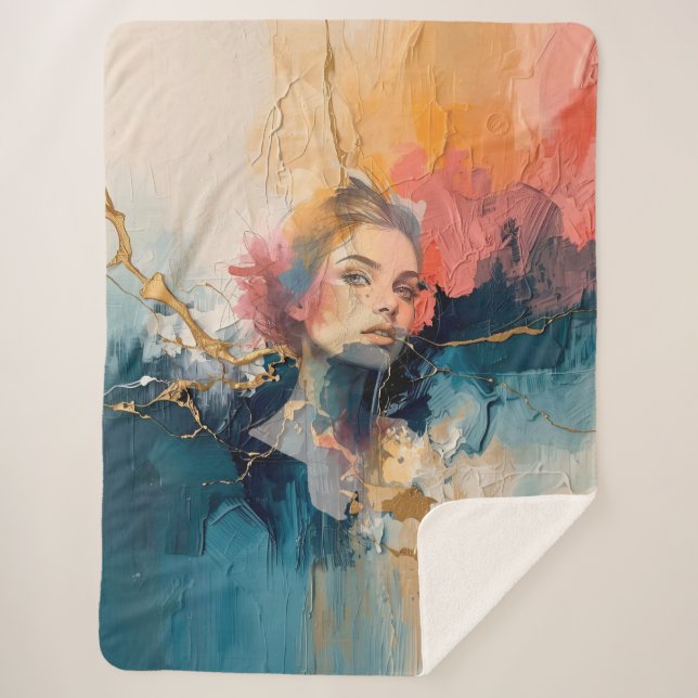 Abstract Portrait Wall Art, Modern Woman Face Pain Sherpa Blanket (Front)