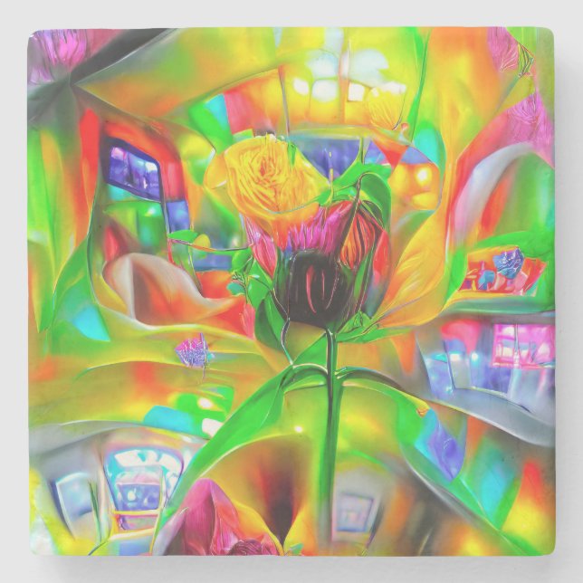 Abstract Psychedelic Flowers  Stone Coaster (Front)