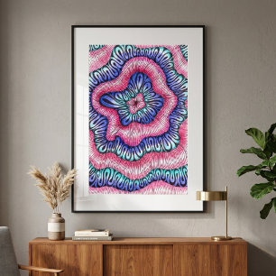 Abstract Psychedelic Pink Blue Wavy Line Art Poster