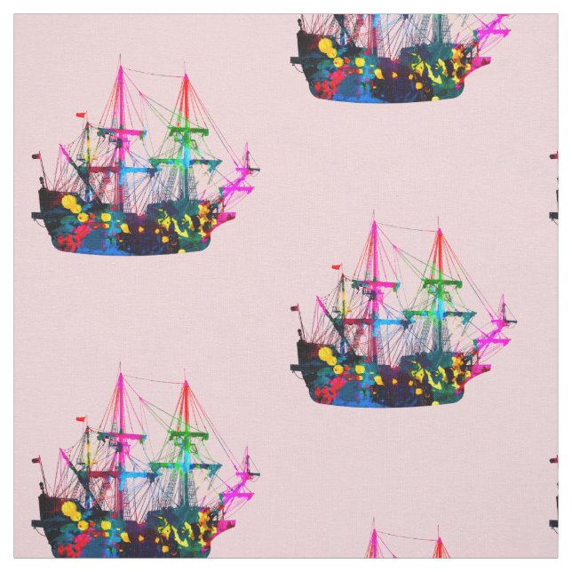 Abstract Psychedelic Vintage Pirate Ship Clipper Fabric (Swatch)