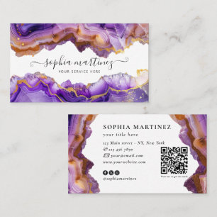 Abstract Purple Agate gold glitter marble QR Code Business Card