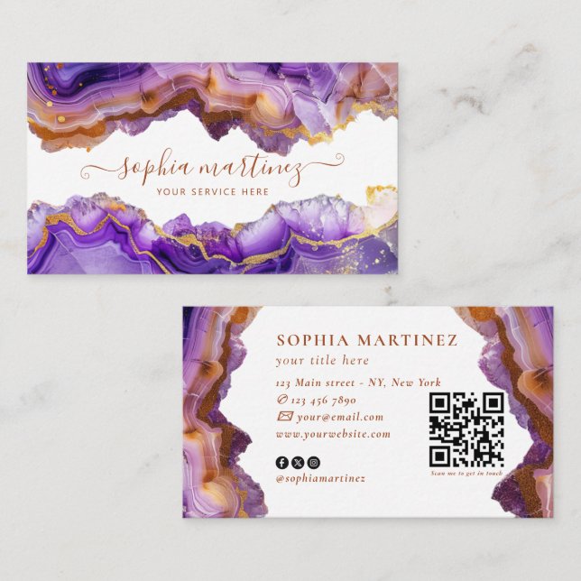 Abstract Purple Agate gold glitter marble QR Code Business Card (Front/Back)