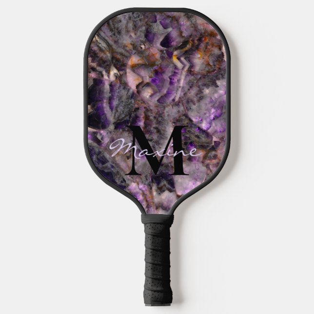 Abstract purple amethyst quartz marble monogram pickleball paddle (Front)