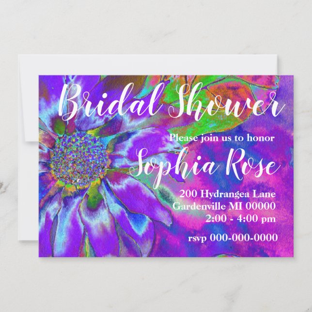 Abstract purple blue floral sunflower retro funky  invitation (Front)