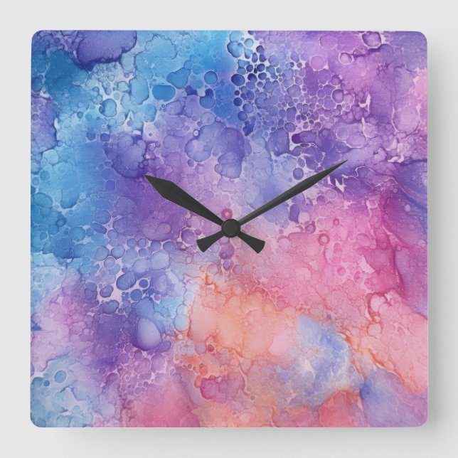 Abstract Purple Blue Mix Clouds Watercolour Art Square Wall Clock (Front)